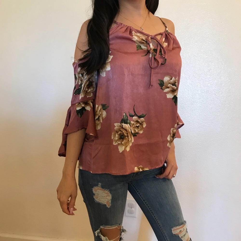 Dusty Rose Floral Open Shoulder Satin Top - Picture 2 of 8
